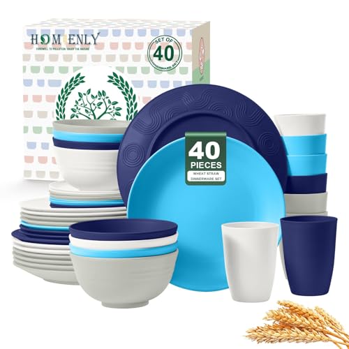 Image of Homienly 40 PCS Wheat Straw Plates and Bowls Sets, Cups Sets, Service for 8, Unbreakable Microwave and Dishwasher Safe Dinnerware Sets,Reusbale Plastic Dishes Set - Island, Matte