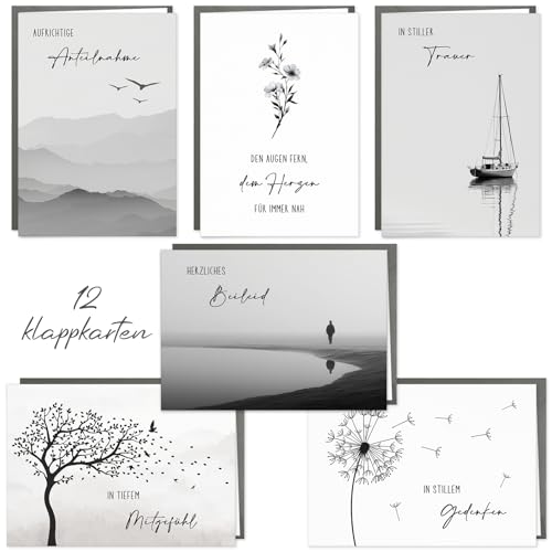Trauerkarten mit Umschlag 12er Set, Hochwertig Beileidskarten Klappkarten, Trauerkarte Beileidskarte mit Spruch Schreiben, 14.8 * 10.5cm, Innen Blank
