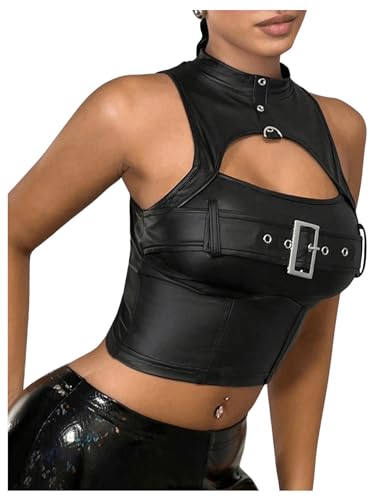 Women's Faux Leather Tank Top High Neck Cut Out Buckle Front Slim Fit Y2k Crop Tops4
