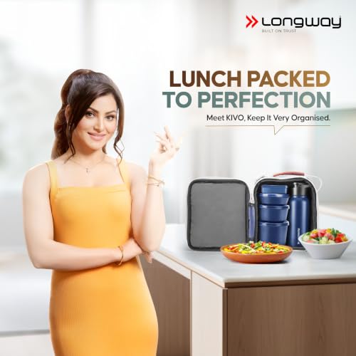Image of LONGWAY Kivo Lunch Box with 3 Containers, 750ml Stainless Steel Bottle & Insulated Bag | Microwave Safe Food-Grade Containers (290ml, 400ml & 600ml) | Cutlery & Pickle Box | Indigo