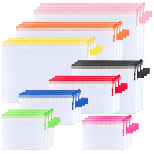 BALEINE 24PK Mesh Zipper Pouch Bags, Waterproof Clear Zipper Bags, Multiple Colors Plastic Mesh Bag File Bag for Organization, Suitable for Office Supplies, Home, Travel (24 PK, Multi 8 Sizes)