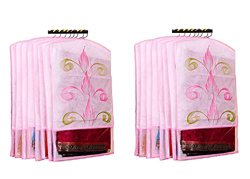 atorakushon Printed Fabric Material Saree Cover Front Side Transparent Hanging Cloth Wardrobe Organiser for Storage Rack Garment Pack of 12 Pcs