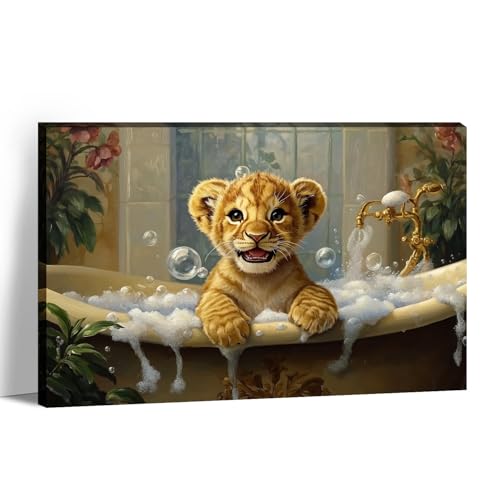 Large Lion Bathroom Canvas Art Wall Decor Framed Cute Cub in Bathtub Picture Baby Safari Posters Painting Kid Prints for Home Toilet Ready to Hang - 28.00"x42.00"