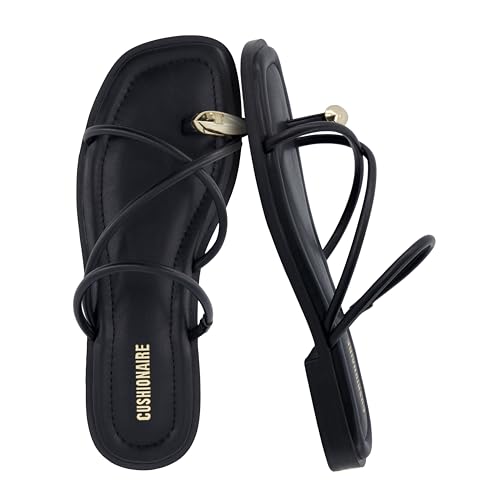 CUSHIONAIRE Venue Women’s Strappy Toe-Loop Slide Sandals with Gold-Tone Accent & Memory Foam Comfort, BLACK 7.5