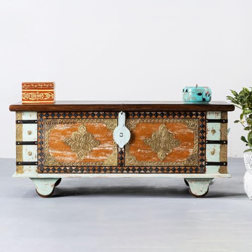Image of Opea Wooden Trunk Box for Storage | Solid Wood Coffee Table for Living Room | Handcrafted Center Tea Table with Sandook Storage for Living Room | Pitara for Home and Bedroom (Mint Distress)