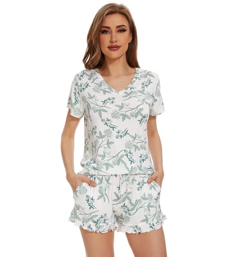 Image of WiWi Womens Pajamas Set Bamboo Viscose Super Soft Short Sleeve Top Ruffle Shorts Sleepwear Cooling Pj Sets S-XXL