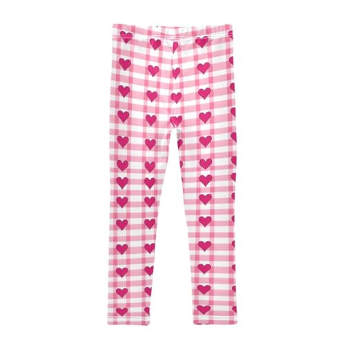 Love Heart Pink Checked Girls Leggings Ultra Soft Compression Yoga Gym Pants for Kids 4-10T2