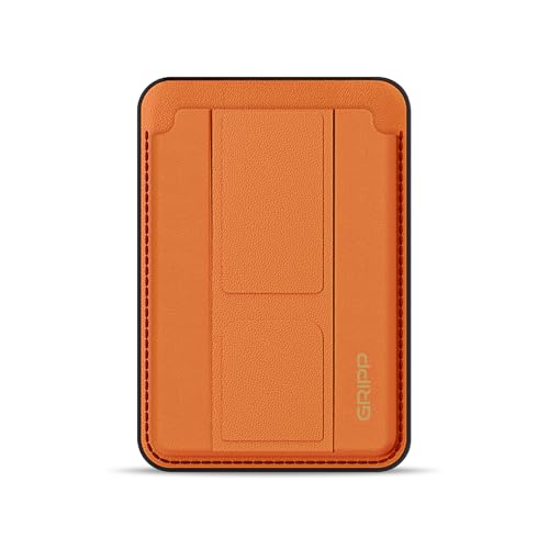 Image of GRIPP Mag Pocket Stand Wallet Card Holder Compatible with Mag-Safe for iPhone 17 /16 /15 /14 /13 /12 Series & All Mag-Safe Phone Cases, Built-in Stand, Premium Leather, Strong Magnetic Alignment - Orange