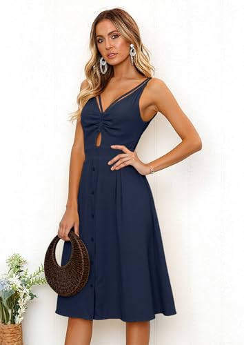 Image of ECOWISH Women 2026 Summer Dresses Tie Front V-Neck Spaghetti Strap Button Down A-Line Backless Swing Midi Dress