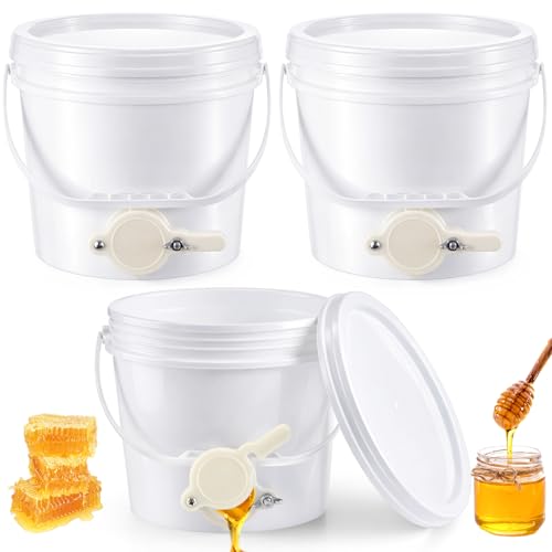 Threehoney 3 Pcs 2 Gallon Honey Bucket with Gate Honey Extractor Equipment Food Grade Bucket Food Safe Buckets with Lid for Beekeeping Supplies Extracting Storage(White Round Style)