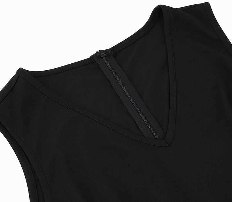 JSEIAJB Vintage V-Neck Embroidery Dress Slim Fit Polyester Sleeveless Mid-Waist Dress
