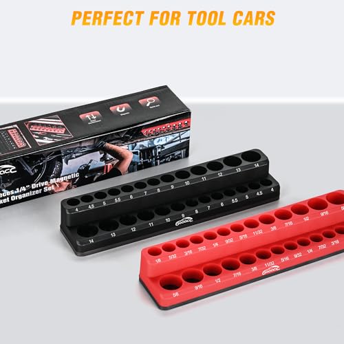 Image of GOOACC 1 /4 inch Magnetic Socket Organizer, 2 Pieces Socket Holder Metric SAE Socket Tray, 1 /4 inch Socket Organizer Tray Holds 52 Standard Sockets for Tool Box Drawer