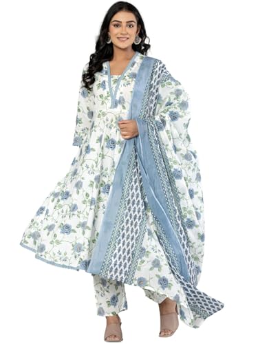 Image of Amayra Women's Cotton Printed Anarkali Kurta with Palazzo Pants and Dupatta