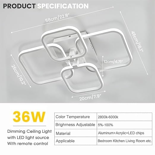 Image of LED Ceiling Light with Remote Control, White Acrylic Modern 3-Color Ceiling Light Flush Mount for Living Room, Bedroom, 58x45x12cm