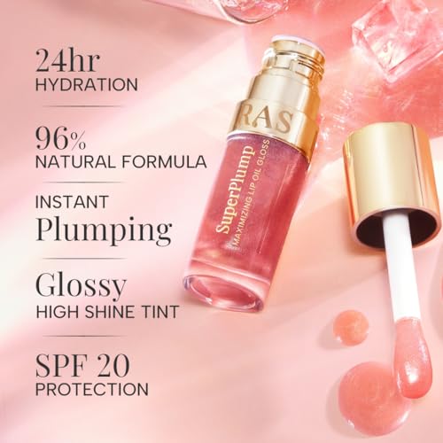 Image of RAS Luxury Oils Hydrating 4-in-1 Super Plump Lip Oil Gloss, Balm, Plumper & Gloss with SPF 20 | Enriched with Natural Oils, Peptides & Hyaluronic Acid - Prism Glow