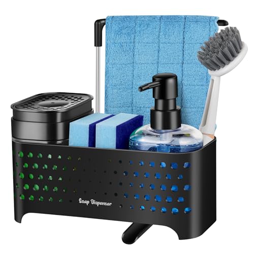 Kitchen Soap Dispenser Set, Sponge Holder for Kitchen Sink, Hand and Dish Soap Dispenser with Sink Caddy - 5-in-1 Design, Non-Slip Drainage Water Kitchen Sink Organizer (Black)