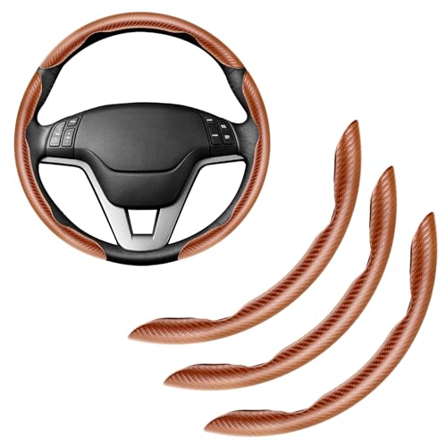 Image of Amiss 3pcs Carbon Fiber Anti-Skid Steering Wheel Cover, Waterproof & Segmented Butterfly Design, Universal 99% Vehicle Wheel Cover Protector, Car Interior Accessories (Champagne-3pcs)