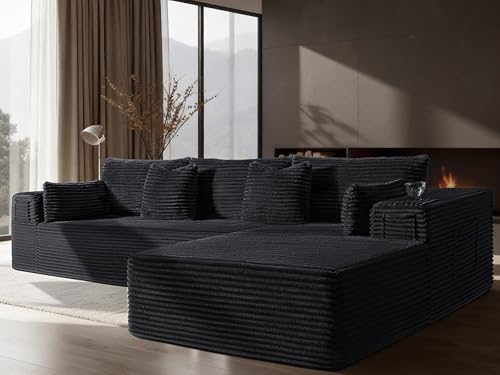 Image of 108 inch Oversized Cloud Sectional Couch, Comfort L Shaped Boneless Couch for Living Room, Extra Deep Seats No Assembly, Modular Sofa, Corduroy (Black, 2 Seater+Right Facing Chaise)