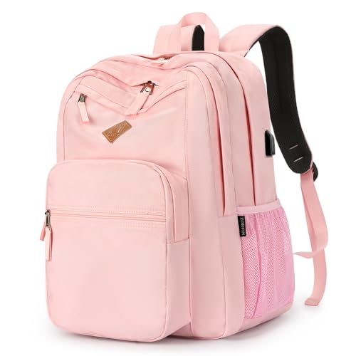 Image of ZORFIN 36L Backpack for College, and Travel: Water Resistant Bookbag with 8 Compartments - Pink