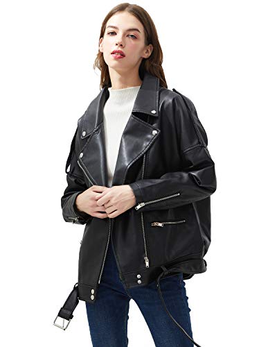LY VAREY LIN Women Black Faux Leather Jackets Zipper Casual Short Coat Turn-down Collar Motor Biker Jacket with Belt