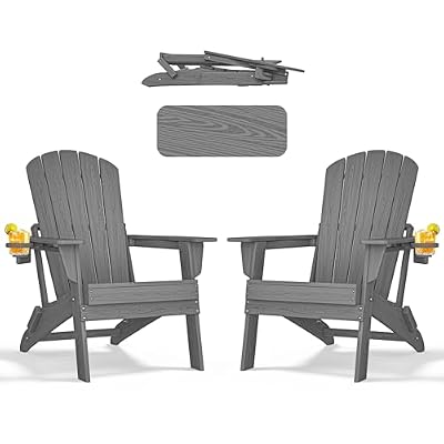 nevilywood Folding Adirondack Chair - Extended Ergonomic Backrest, Cup Holder - Easy Assembly - Durable HDPE Plastic, Weather Resistant & Maintenance-Free - Lawn, Patio, Deck Supports 400lbs Grey