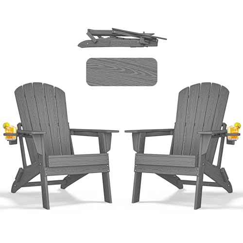 nevilywood Folding Adirondack Chair - Extended Ergonomic Backrest, Cup Holder - Easy Assembly - Durable HDPE Plastic, Weather Resistant & Maintenance-Free - Lawn, Patio, Deck Supports 380lbs Grey
