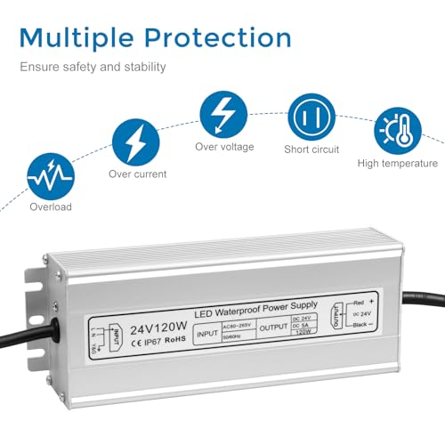 Image of LED Driver 120W 24V Power Supply, IP67 Waterproof Low Voltage Transformer, AC 80-265V to DC 24V 5A Converter with 3-Prong Plug 3.3 Feet Cable for Outdoor LED Lights, Industrial, Computer