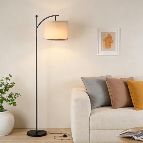 Image of Ambimall 60 inch Floor Lamp for Living Room with 3 Color Temperatures, Beige Lampshade with Black Stripes, Tall Lamp for Bedroom Office, 9W Bulb Included