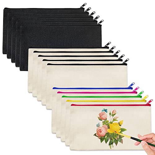 LYLIDIA 15 Stück DIY Blanko Stoff Federmäppchen Stofftaschen Zum Bemalen 2 Farben Canvas Beutel Stofftasche Reißverschluss Blanko Kulturbeutel Federmäppchen Schminktasche Basteln Kindergeburtstag Cover