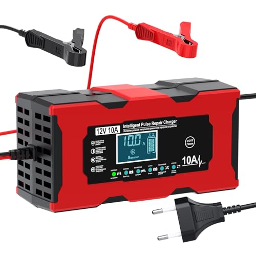 VELOGK Cargador de Batería Inteligente 10A, 12V LiFePO4 con Función de Reparación Automática y Pantalla LCD para Automóviles, Moto, Camión,AGM, Gel, SLA， Plomo-ácido