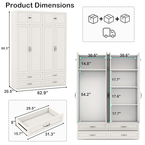 Mhsatyrs Armoire Wardrobe Closet with 4 Drawers: 88\" White Bedroom Closet, Wood Wardrobe Closets with 4 Doors, Tall Armoire Cabinet and Storage Shelves for Clothing (63\") - Thumbnail 2