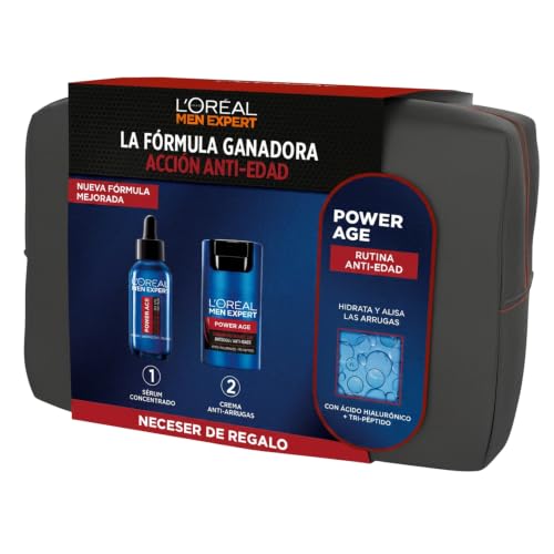 L'Oréal Paris Men Expert Power Age Pack Antiedad Hombre con Neceser, Set de Cuidado Facial con Ácido Hialurónico, Incluye Serum y Crema Reafirmante para Reducir Arrugas y Líneas de Expresión