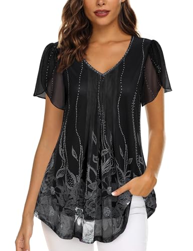 VALOLIA Womens Tops Short Sleeve Shirts Casual V Neck Blouse Double Layers Mesh Tunics Tops