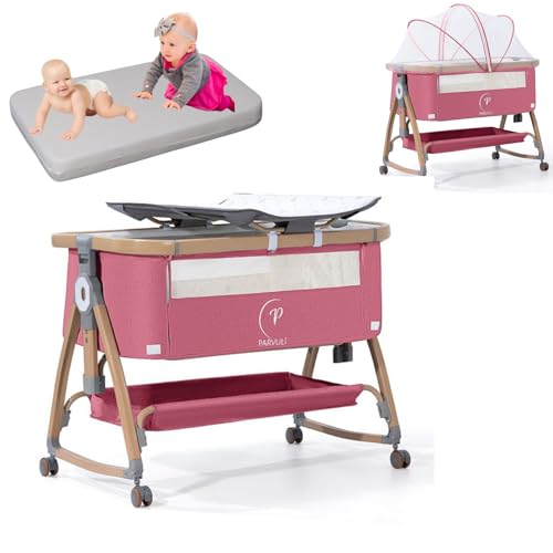 PARVULI Cuna Colecho Portátil y Ajustable 6 en 1 - Cunas para Bebes y Moises para Bebe - Ideal para Madres y Padres Que Buscan Comodidad y Seguridad para Sus Pequeños (Cuna Rosa + COLCHÓN)