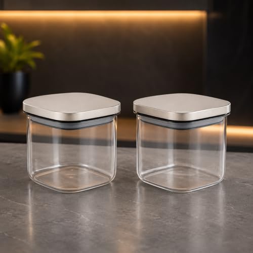Kit 2 Potes Herméticos com Tampa Inox, 600ml Cada, Transparente, Quadrado, para Café, Açúcar, Grãos e Organização de Cozinha