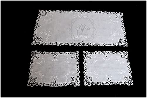 Colore: Bianco MRbiancheria Centri Ricamati Pizzo di Cantu\' 3 Pezzi Bianco Puro Lino 100%