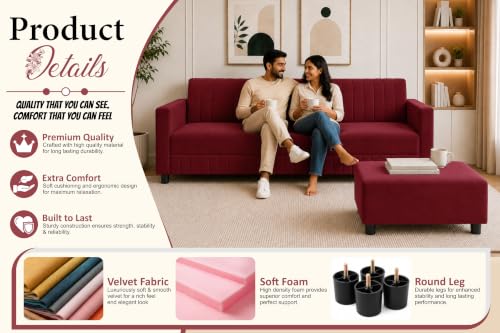 Image of Modern 3-Seater Velvet Sofa with Ottoman | Vertical Channel Tufted Backrest | Plush Cushioned Seating | Stylish Contemporary Sofa for Living Room, Bedroom & Office | Red