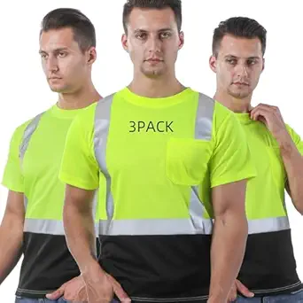 sesafety 3PACK High Visibility Shirts for Men, Class 3 Hi Vis Reflective Construction Shirts for Men with Pocket Safety T Shirts