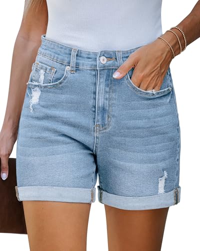 LookbookStore Jean Shorts Womens Stretchy High Waisted Ripped Denim Shorts with Pockets Trendy Denim Outfit for Women Baggy Cool Blue Size Medium