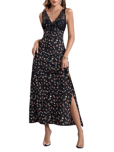 Milumia Women's Contrast Lace Ditsy Floral Long Dress V Neck Sleeveless Split Thigh Elegant Dresses...
