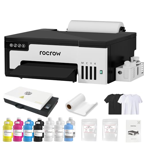 RocRow A4 L8058 DTF Printer Bundle, XP600 DTF Printer Machine with Curing Oven for DIY T Shirt Printing, Custom Printing & Auto Cleaning for DIY, L8,White Ink Mixing, Auto Curing, inksonic l8