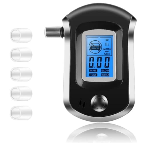 Alcohol Testing Machine + 5 Mouthpieces, Portable Alcometer Alcohol Tester Breath Analyzer Police Checker Device, Breathalyser Professional BAC Tester with LCD Digital Display Alcohol Detector