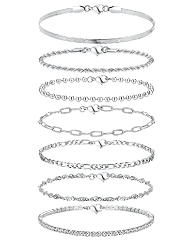 Adramata 7 Pcs Chaîne Bracelets pour Femme Bracelet Acier Inoxydable Femme Twist Figaro Zag Chaîne Bracelets Réglable CZ Fantaisie Bracelets Ensemble Argent Or Bracelets pour Femmes Filles