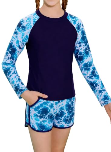 Image of Alakuoti Girls Rash Guard Swimsuit Two Piece Bathing Suit UPF 50+ Sun Protection Long Sleeve Swimwear 6-14 Years