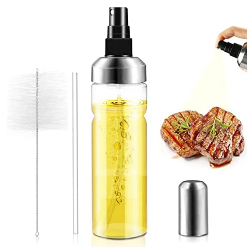 Gifort Pulverizador de Aceite portátil, 180 ML Acero Inoxidable Aceite de Oliva, Botella de Cristal con Cepillo de Tubo Extra y Tubo de Repuesto para Barbacoa, Ensalada, Pan, Hornear