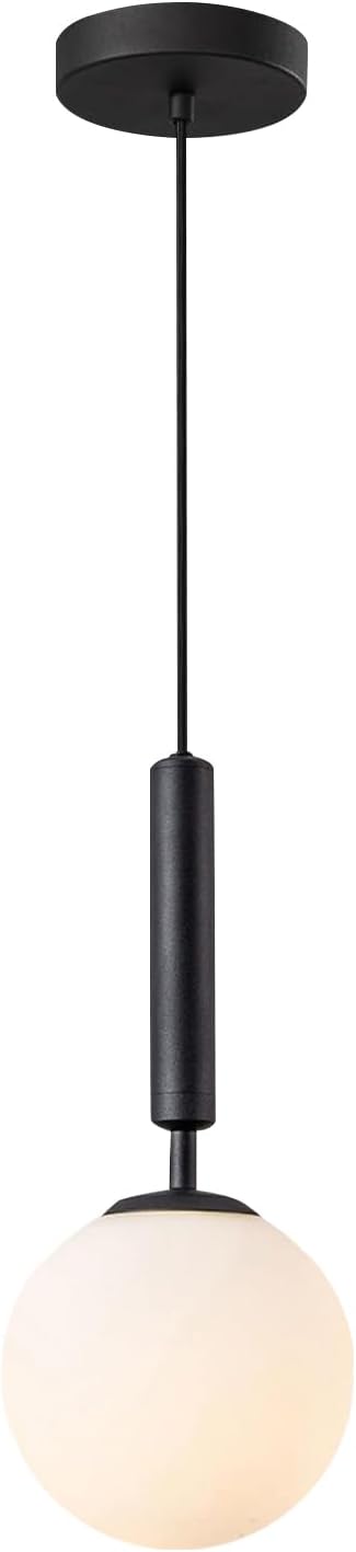 BOKT Mid Century Black Globe Pendant Lights Kitchen Island Industrial Vintage Single Milky White Opal Glass Pendant Light Modern Adjustable Ball Hanging Light Fixtures for Living Room (Black)