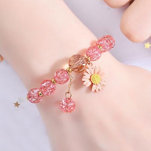 HUASAI Pink Flower Bracelet for Teen Girls Cute Daisy Charm Bracelet Pink Daisy Pendent Crystal Bracelets Summer Jewelry Gifts2