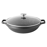 Berghoff Gem Non-Stick Ceramic Coated Induction-Safe Two Handle Wok with Glass Lid, 32cm, Cast Aluminium Black, 40 x 33 x 16.5 cm