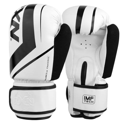 Image of RXN R1 Boxing Gloves with Microfiber Thumb, Premium, High-Performance & Durable for Men, Women & Kids, Training, Kickboxing, Taekwondo, MMA, Muay Thai & Martial Arts (White /Black, 14oz)