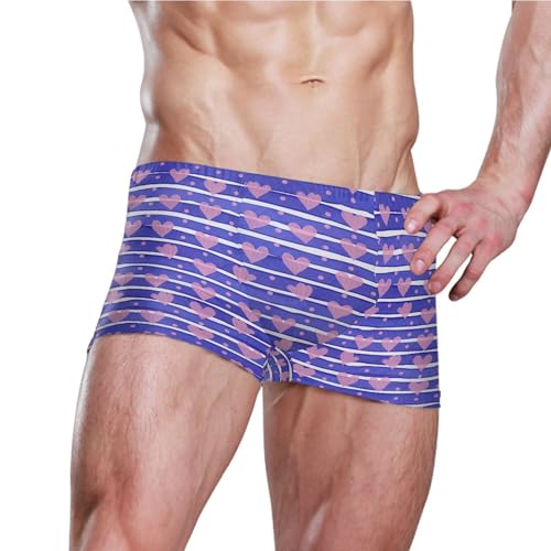 Pink Heart Blue Stripes Mens Swim Trunk Swimwear Bathing Suit Swim Brief Square Leg Board Short S B04047453